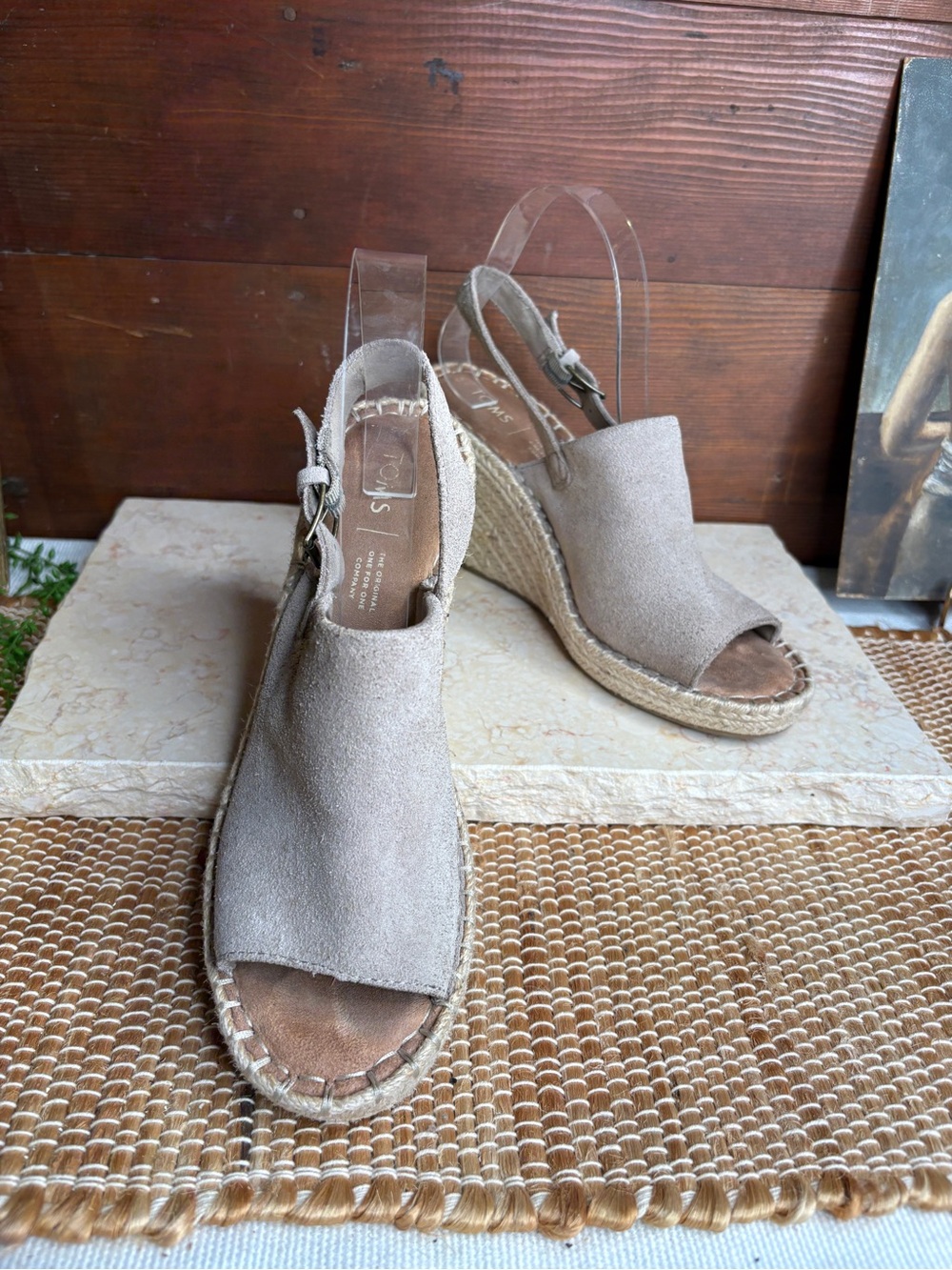 Toms Monica Espadrille Suede Desert Taupe Sling Back Wedge Sandal Size 9